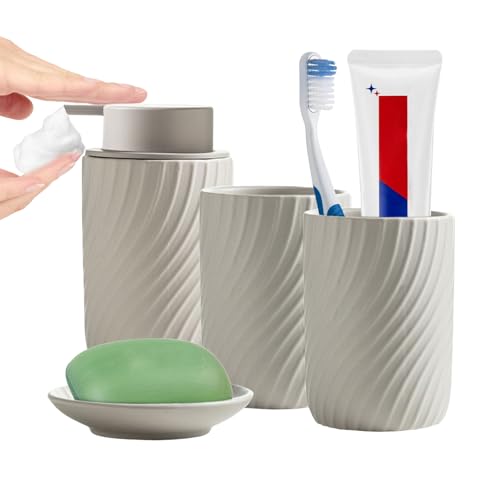 XUDREZ Keramik Badezimmer Zubehör Set, 4 teiliges Seifenspender Badezimmer Set inklusive Seifenspender und Seifenschale, Zahnputzbecher für Zuhause und Bad (Haferfarbe, 4-teiliges Set)