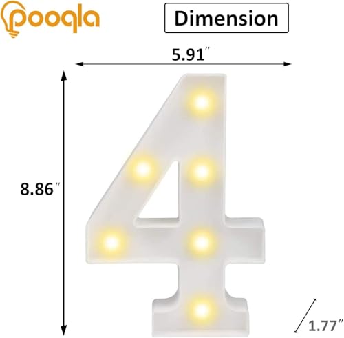 Image of Pooqla LED Light Up Numbers, Marquee Number with Remote for 4th Birthday Decoration, Lighted Numbers Gift for Boys Girls Party Backdrop Wedding Anniversary Decor, Warm White and Cool White Number 4