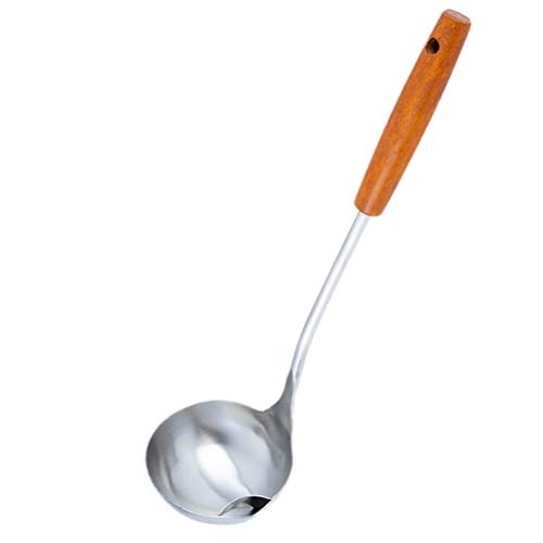 Hemoton Concha de sopa de aço inoxidável separadora de óleo gordura com cabo de madeira, separador d