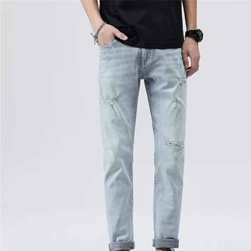 Men’S Slim Fit Straight Elastic Tear Denim Pants Elastic Waist Lightweight Ankle Length Trendy Button Detail Jeans2