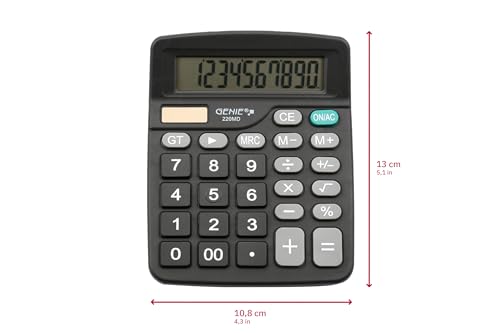 Genie 220 MD 10-stelliger Tischrechner; Dual-Power (Solar und Batterie) 1 Stück; kompaktes Design; schwarz