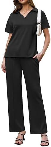 difficort Womens 2 Piece Outfits Spring Lounge Sets Lapel Wide Le...