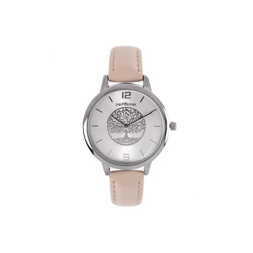 Performer Montre Classique Femme Arbre de Vie Simili Cuir Rose Cadran Argenté