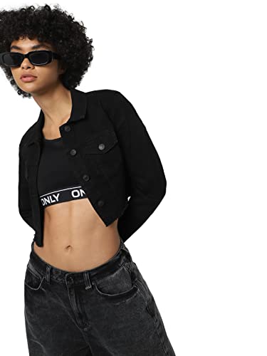 Image of ONLY Women Black Solid Cropped Denim Jacket