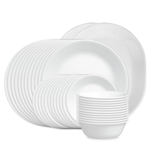 Corelle Vitrelle 38-Piece Service for 12 Dinnerware Set, Triple Layer Glass and Chip Resistant, Lightweight Round Plates and Bowls Set, Winter Frost White