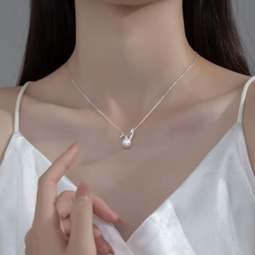 SLUYNZ 925 Sterling Silver Pearl Rabbit Pendant Necklace for Women Teens Easter Rabbit Choker Necklace Chian4