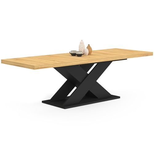 IDMarket Alicia - Mesa de comedor extensible rectangular 8-12 personas, madera y negro, 200-250 cm