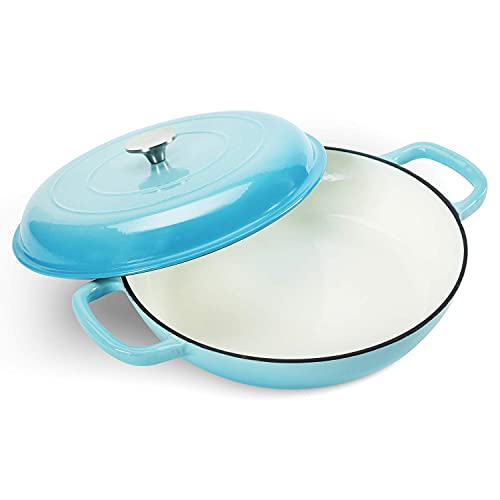 Cookwin Cast Iron Casserole Braiser, 3.8 Quart,Heavy Duty Casserole Skillet With Lid And Dual Handles, Porcelain Enameled Surface Cookware Pot, Mother's Day Gifts For Family Light Blue #TOP1