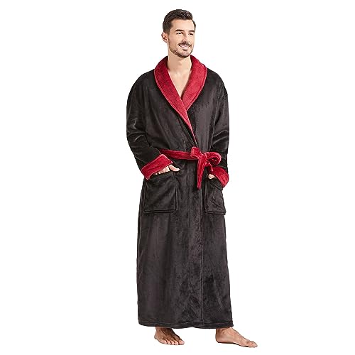Image of FashGudim Mens Robes Big and Tall Full Length Plush Fleece Long Robe for Men Bathrobe Shawl Collar Warm Winter House Robes