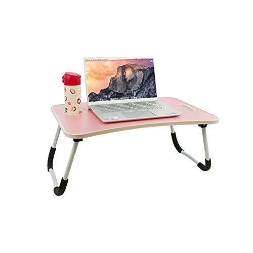 Mesa de cama ajustable para ordenador portátil, mesa de escritorio plegable con soporte para tazas, bandeja de mesa antideslizante, tamaño 10.6 pulgadas de alto,23.6 pulgadas de largo (rosa) - imagen 3