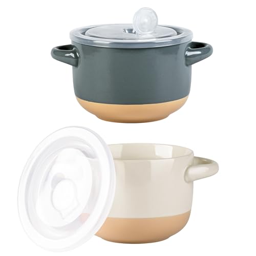 AmorArc 24 Ounces Soup Bowls with Large Handles and Lids, Stoneware Bowls Set of 2 for Soup, Cereal, Stew, Noodle, Colourful Ceramic Kitchen Bowls, Microwave&Dishwasher Safe, Grey&Beige