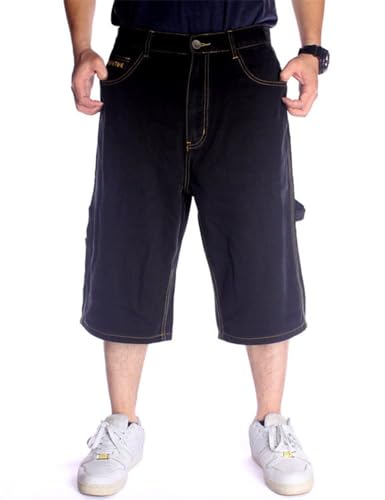 Kinghua Baggy Jean Shorts Men Casual Loose Fit Hip Hop Skateboard Baggy Denim Shorts (Black 025-1, 38)