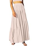 ANRABESS Women’s Boho Elastic High Waist Pleated A-Line Flowy Swing Asymmetric Tiered Maxi Long Skirt Dress with Pockets Apricort Small