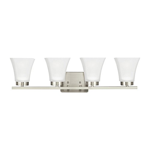 Image of Sea Gull Lighting 4411604-962 Bayfield Four-Light Bath or Wall Light Fixture with Satin Etched Glass Shades, Brushed Nickel Finish