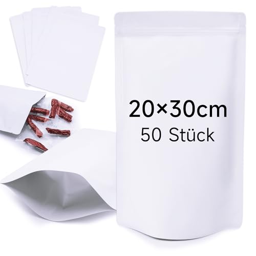 CANLENPK 20x30 cm/8x12 pulgadas Blanco Papel Aluminio Mylar Negro Standable, Bolsas Almacenamiento Alimentos con Cremallera, Bolsas Papel Aluminio Bolsas Metálicas Termosellables (50PCS)