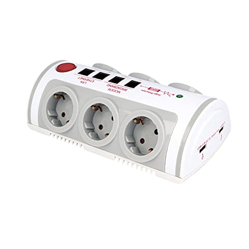 Amig - Base Múltiple Mod.5500 con 6 Tomas o Enchufes Schuko con Toma de Tierra e Interruptor + 2 Tomas USB | Protección Frente a Subidas de Tensión y Sobrecalentamiento y Protección Infantil
