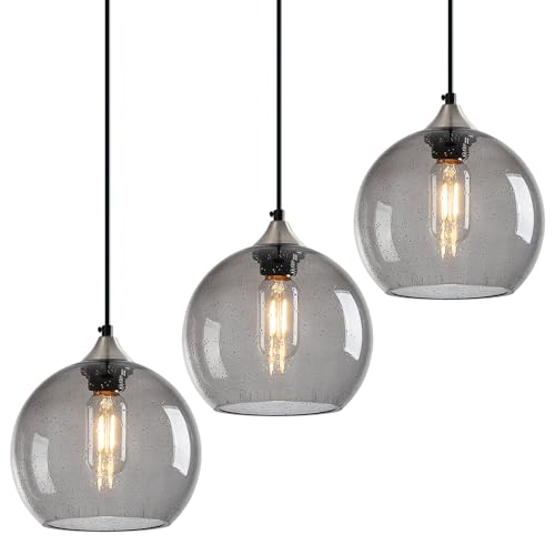 Image of Light Grey Glass Pendant Lights Kitchen Island Lighting Globe Pendant Light Fixtures Modern Pendant Lighting for Bedroom Living Dining Room Light Fixture (7.87 in, 3 Pack)