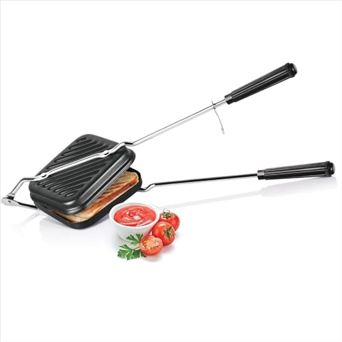 Image of Non-Stick Grill Sandwich Toaster with Nylon Brush | Gas Stove Compatible, Easy to Clean, Ideal for Grilled Sandwiches, Paninis & Tikkas | Durable Aluminium Body | Black
