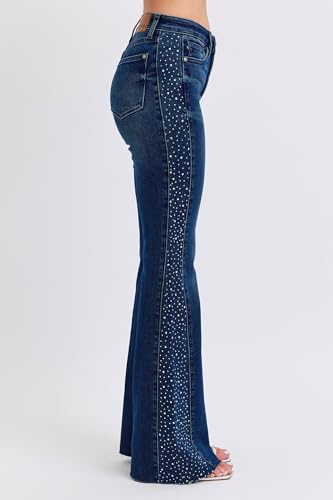 Women’s Rhinestone Side Panel Flare Jeans – High Rise, Stretch Denim, Stylish Flared Design - 889203