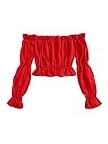LYANER Women's Off Shoulder Ruffle Trim Puff Long Sleeve Tube Crop Blouse Shirt Top