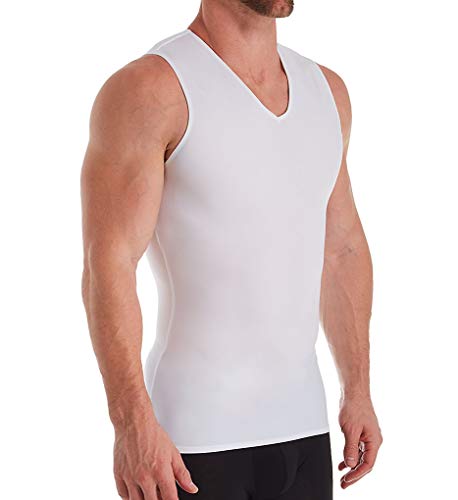 Insta Slim Mens Compression Sleeveless V Neck Muscle Shirt- Slimming Body Shaper Undershirt(Large, White)