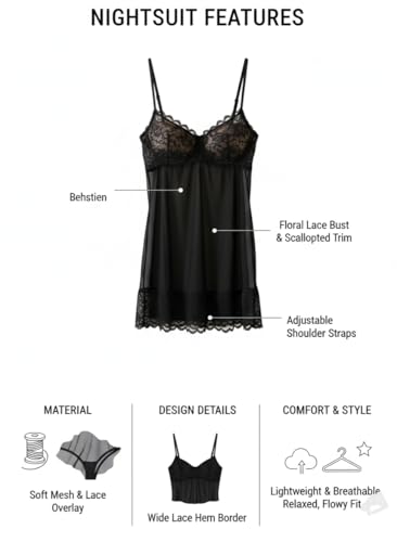 Image of Stylbase Babydoll Lingerie Night Dress Women Lace Slip & net Nighty Set - V-Neck Lycra Chemise Sleepwear Nightdress with Adjustable Straps & Matching Thong Panty, Bridal Honeymoon Nightwear (Upto L)