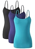 Knuffnee Womens Cotton Camisole with Shelf Bra Spaghetti Strap Tank Tops Adjustable Undershirt 3 Pack Black/Dark Blue/Blue M