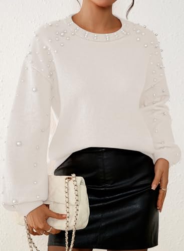 Pink Queen Pearl Sweater for Women 2025 Fashion Fall Winter Chunky Crewneck Lantern Sleeve Loose Knit Pullover Sweaters Top3