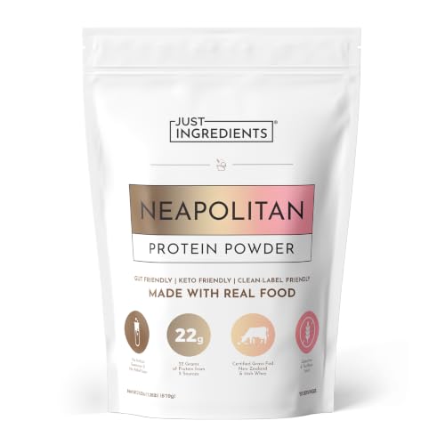 Image of JUST INGREDIENTS Neapolitan Protein Powder, 15 Servings, 22g Protein from 5 Sources, Certified Grassfed New Zealand and Irish Whey, Made with Real Food Ingredients, No Gums or Fillers, Keto Friendly