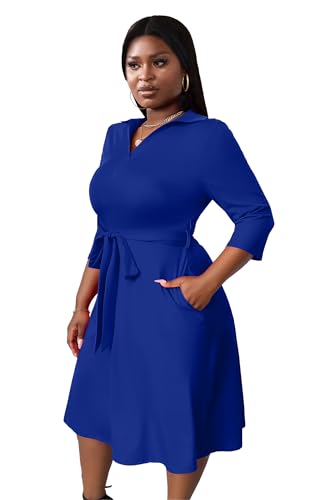Image of FANDEE Plus Size Midi Dress for Women - Printing Summer Dresses for Wedding Guest Cocktail Party 3 /4 Sleeve V Neck(L-5XL)