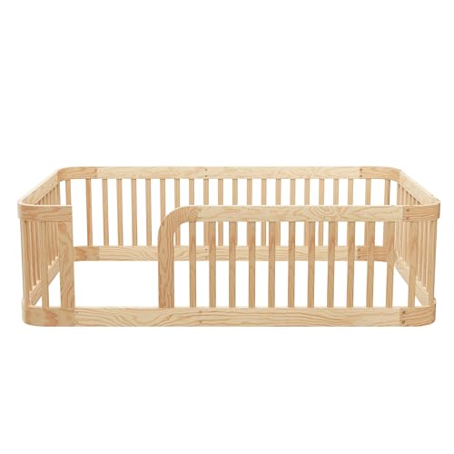 Image of Bellemave Twin Size Floor Bed Frame with High Fence,Solid Wood Kids Montessori Floor Bed Twin Size for Kids Girls Boys,Rounded Corner Design,Natural