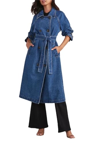 Dvbfufv Women Denim Trench Coat Fall Fashion Single-Breasted Outerwear Classic Belted Lapel Slim Denim Overcoat