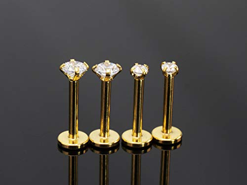 16G Clear Cz Labret Monroe Lip Ring Tragus Nail Helix Earring Stud Piercing Jewelry Surgical Stainless Steel 2Mm 3Mm Cz 8Mm Bar 4-8 Pcs (2 Pairs Yellow Gold - Bar 8Mm; Cz:2-3Mm) #TOP4
