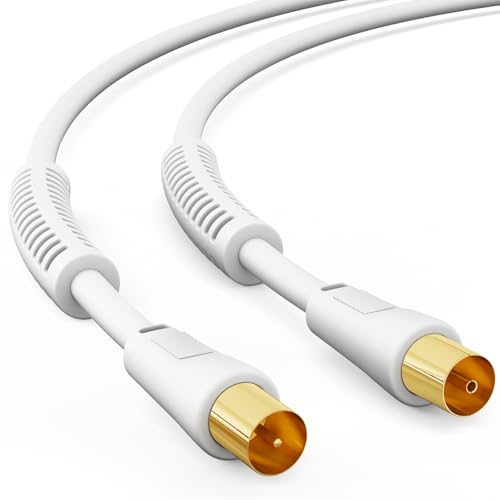 HB-DIGITAL TV Antennenkabel 1 m – Koaxialkabel für UHD, 4K & 8K HDTV – mit Mantelstromfilter & 2× Ferritkern – DVB-T/DVB-T2 / DVB-C – Vergoldete Stecker – Weiss
