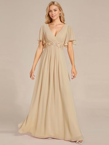 Image of Ever-Pretty Women's Spring Short Sleeve Bridesmaid Dresses V-Neck Chiffon Ruched Empire Waist Appliques Long Formal Dress
