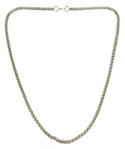 Image of De-Ultimate Metal Stainless Steel Classic Fashionable Silver Plated 4mm Width 56 cm Long Thick Imitation Smooth Necklace Chain For Men's & Women's