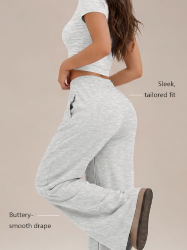 Image of Trendy Queen 2 Piece Matching Summer Lounge Set Womens Side Ruching Top Wide Leg Pants Sets with Pockets