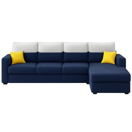 Image of Furny Tokiaa 8 Seater Fabric RHS L Shape Sofa Set with 1 Centre Table & 2 Puffy (Blue) | Soft Velvet Fabric | Modern Design | Comfortable Seating | Living Room Furniture