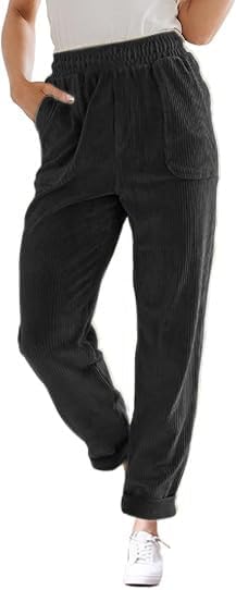 Corduroy Pants for Women Elastic High Waist Pull On Straight Leg Slacks Casual Fall Trousers with Pockets - Image 2