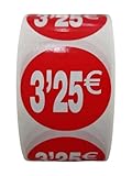 Lot de 3 rouleaux d'étiquettes de prix « 3.25 € » – 1 500 autocollants ronds, rouge brillant, Ø35 mm, idéals pour l’étiquetage en magasin (3.25 €-3)