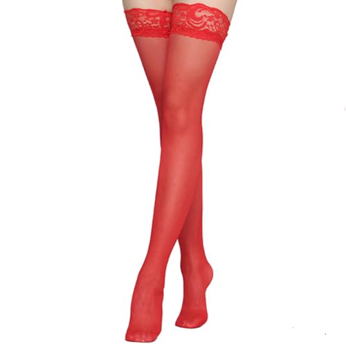 UAREBST Thigh High Stockings Lace Top, Womens Semi Sheer Sexy Stay Up Halloween Lingerie Thigh High Stockings (Red)