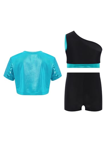 Kids Girls 3-Piece Gymnastics Dance Set Shiny Sequin Crop Top Vest & Shorts for Performance2