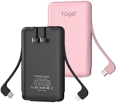 TG90° 2 Pack Portable Charger Power Bank, 5000mAh External Battery Pack with Built-in Foldable AC Wall Plug and Cables, Small USB C Charger Compatible with iPhone and Android Devices