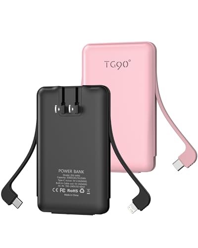TG90° 2 Pack Portable Charger Power Bank, 5000mAh External Battery Pack with Built-in Foldable AC Wall Plug and Cables, Small USB C Charger Compatible with iPhone and Android Devices