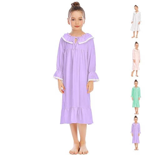 Girls Ruffle 𝗡ightgowns Long Sleeve Kids Cute Lace 𝐏ajamas Dress Plain Loose Cotton Soft 𝐒leepwear Crewneck