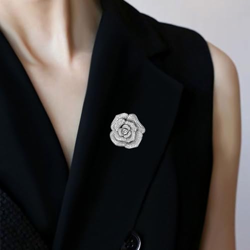 Image of Elegant Crystal Blooming Rose Flower Brooch Lapel Pin Breastpin for Women Birdal Cardigan Hat Scarf Suit Sweater Floral Pins