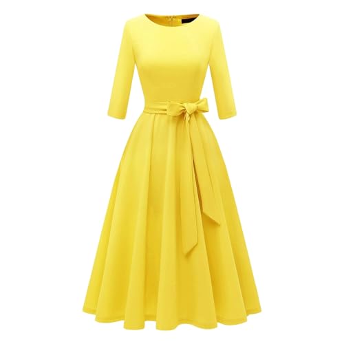 Vestibilità standard. Abito vintage anni \'50 donna retrò Rockabilly Pin-Up Chic ed elegante abiti manica lunga Polka Dot anni \'40 50 60 swing casual abito da ballo matrimonio cocktail cerimonia, giallo, L