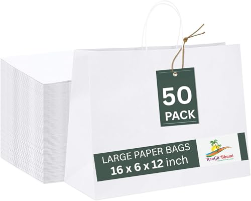 Image of Gift Bags -50pcs 16x12x5 inch Large White Kraft Paper Bags with Handles- Paper Carry Bags for Shopping Retail Merchandise, Party Favor Return Gift Bag, Disposable