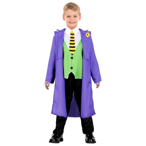 YOMIQIU Halloween Disfraz Payaso Malvado Niños: Carnaval Traje de Cosplay uniforme gótico púrpura chaqueta camisa pantalones conjunto completo fiesta de terror traje de abrigo (M, 6-8 años)