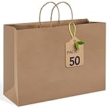 MESHA Large Paper Bags 16x6x12 Inch,Brown Kraft Gift Bags 50 Pack Bulk, Crafts Shopping Bag For Retail Wedding Party Favor Small Business Grocery